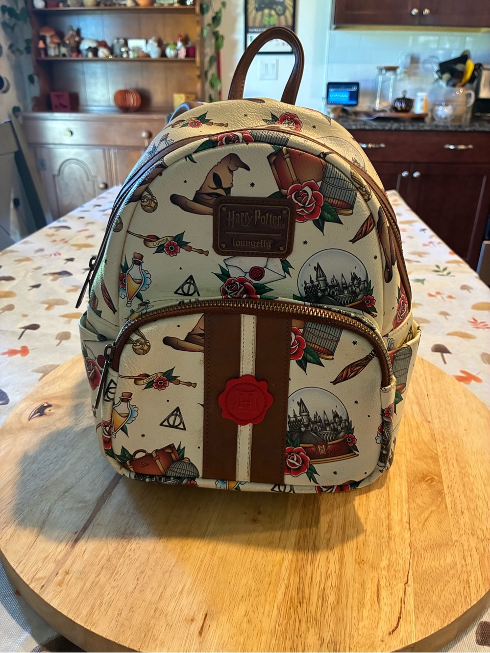 Loungefly Harry Potter Cream and Brown Patterned Mini Backpack